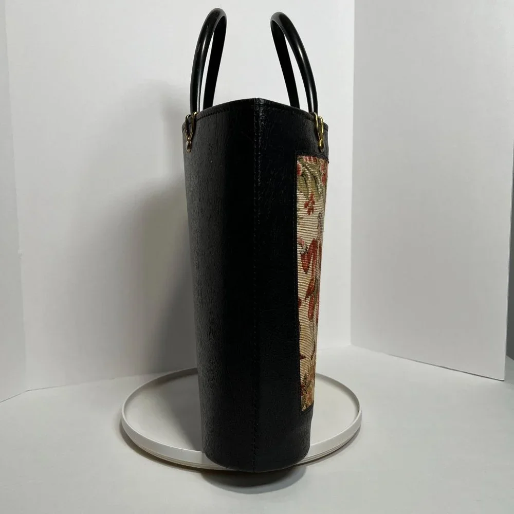 Vintage Handbag‎ Black with Tapestry Front craft bag hard side purse granny bag